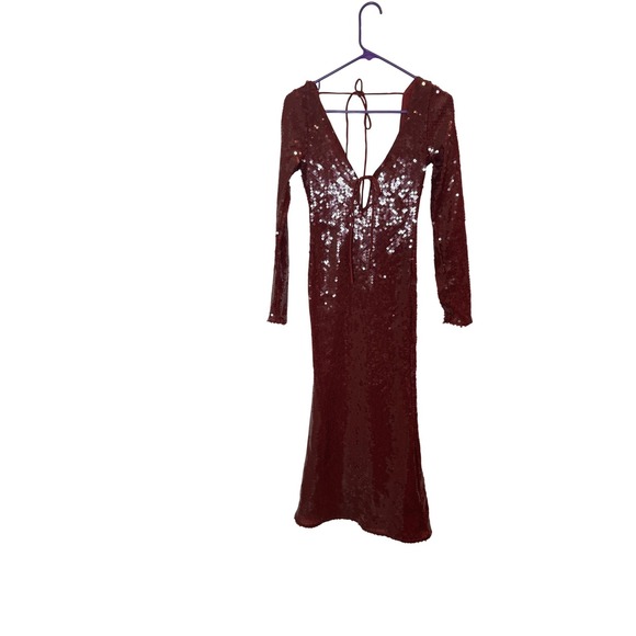 Bardot Sequin Dress Womens Small Burgundy Long Sleeve Bodycon Maxi Party Evening